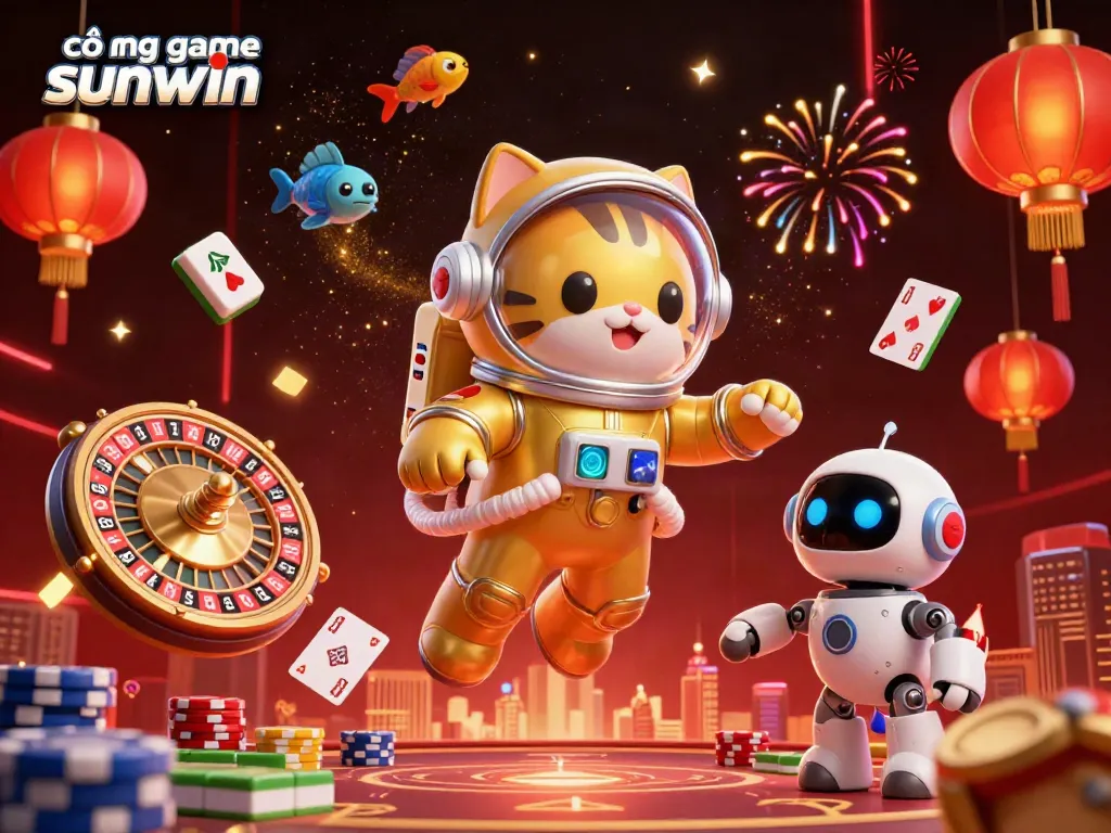 Cổng game sunwin showcases a vibrant casino scene with a golden-suited astronaut cat and dynamic game elements.