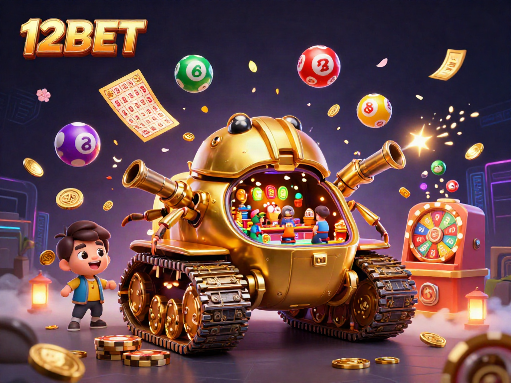 Experience the excitement of 12BET with a vibrant casino scene full of dynamic lottery balls.
