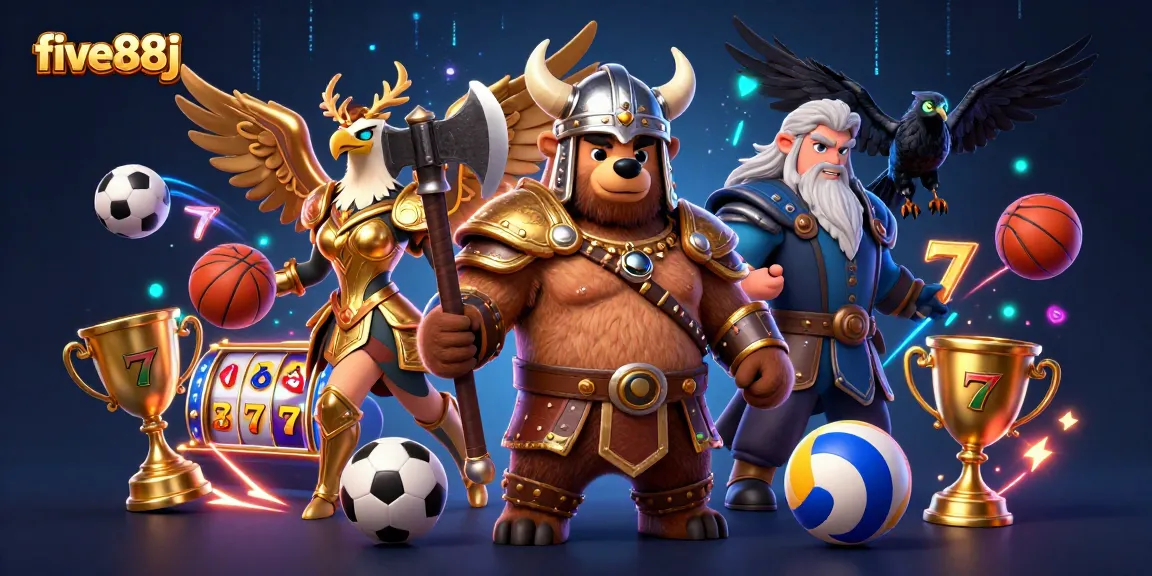 Engage with stunning gambling scenes featuring five88j's Viking bear, Valkyrie eagle, and dynamic sports elements.