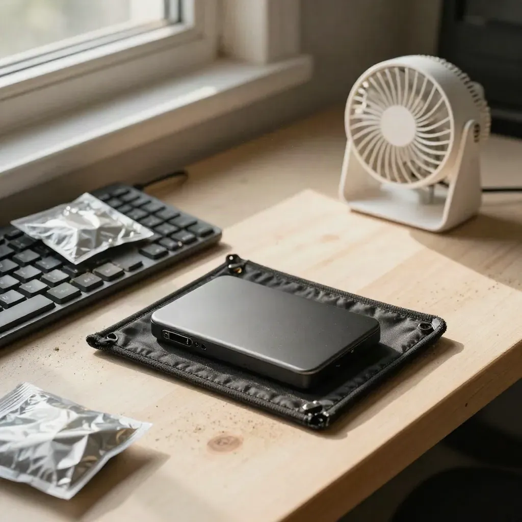 Top-down of malware cleanup gear on a bench: isolated SSD, keyboard, anti-static bags, tiny fan.