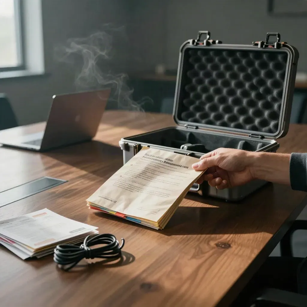Manila incident packet, laptop and hard case on a conference table at sunrise
