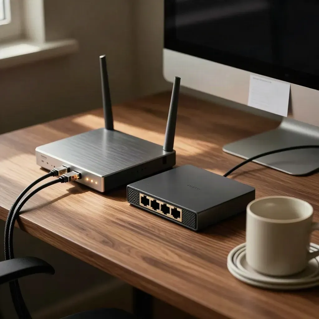 Morning office corner with router, backup disk, and work card beside a monitor stand.