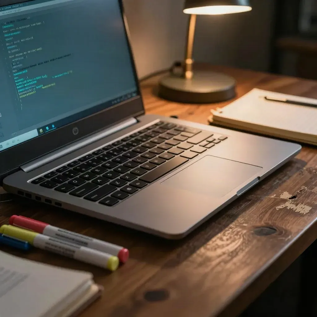 Half-open laptop, security key, and code review markers on a warm developer workbench.