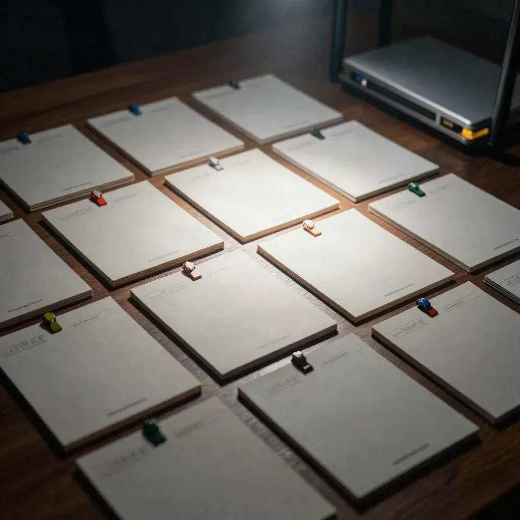 Overhead of audit cards, colour clips and router LEDs on a dark table in cool haze.
