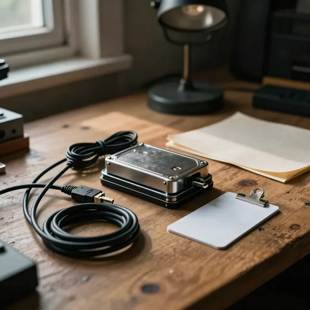 Cybersecurity fix bundle with drive, cables and blank card on a warm oak bench.