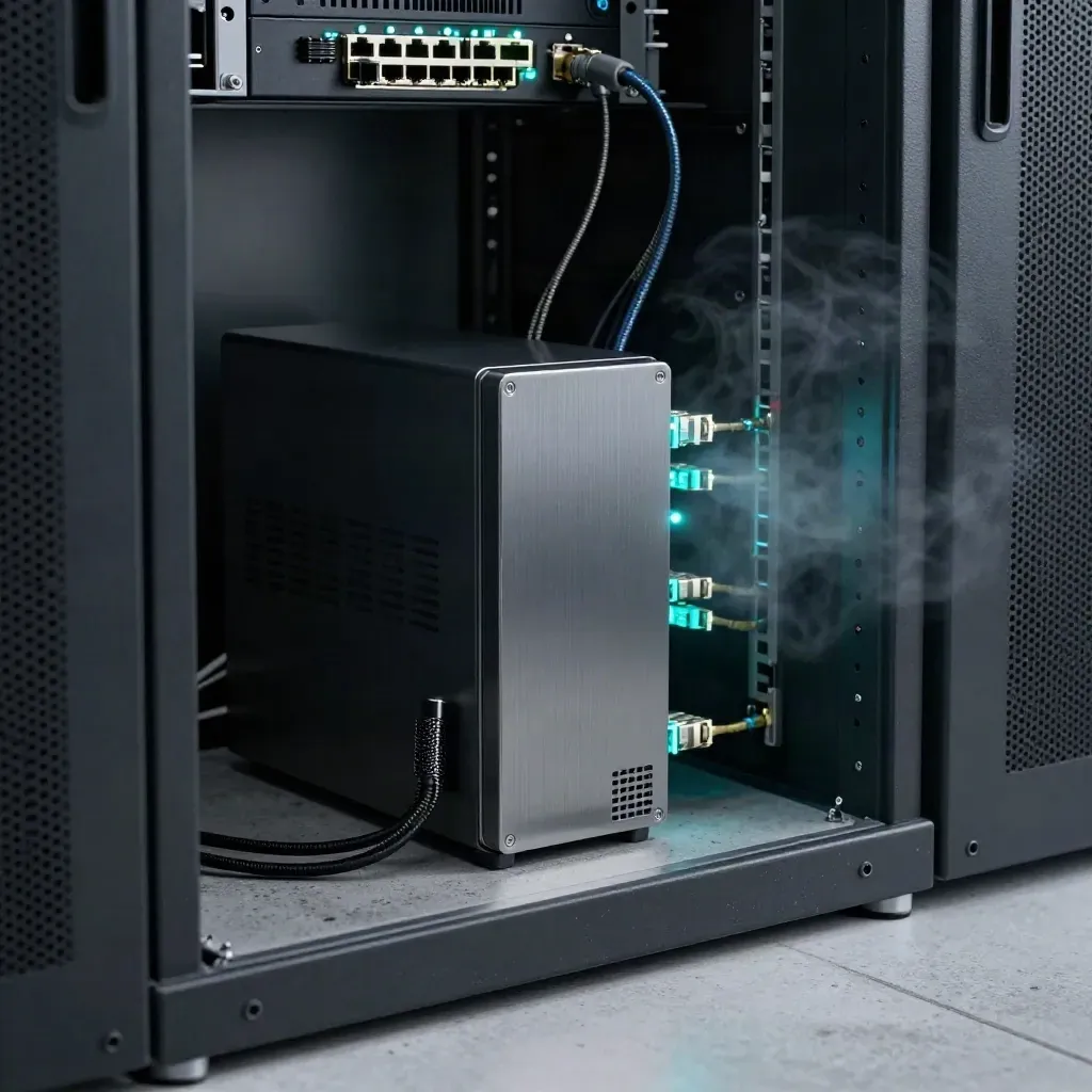 Firewall appliance, router, and glowing nodes in a moody server alcove with cyan light.