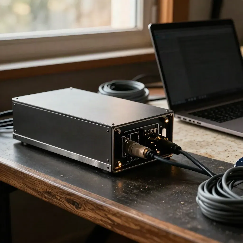 External drive, sealed cables, and backup laptop on a dark workbench in warm late-afternoon light.