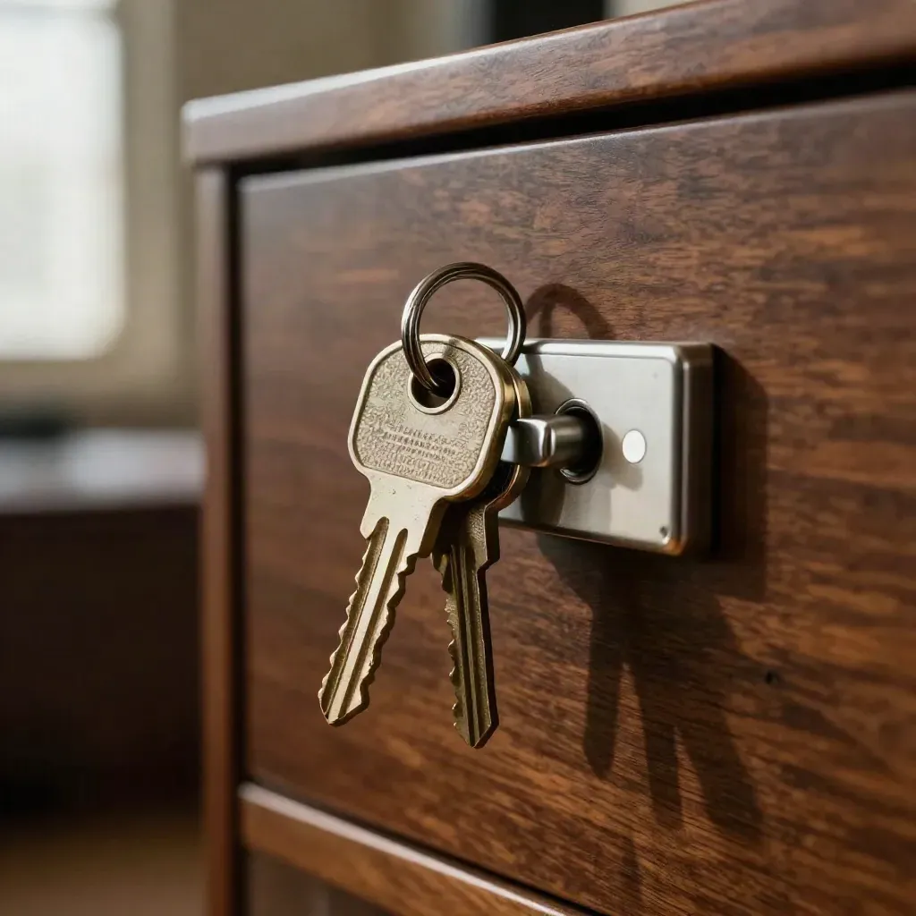 Brass keys, security token, and locked drawer pull in a dim office drawer
