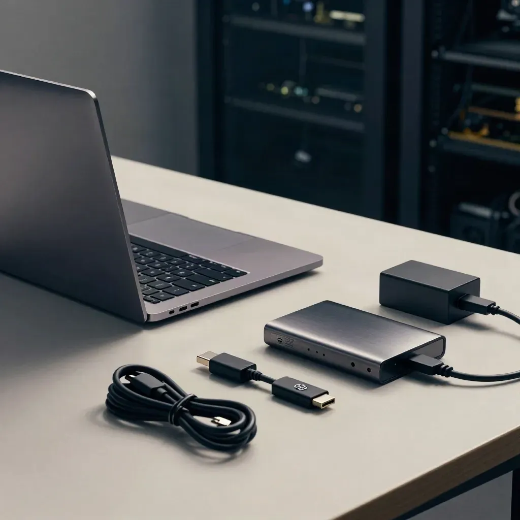 Backup laptop, drive and coiled cables on a clean prep table in soft morning haze.