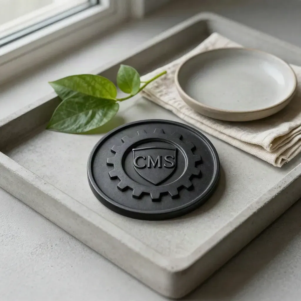 Top-down tray still life with CMS token, pothos, linen cloth and ceramic dish.