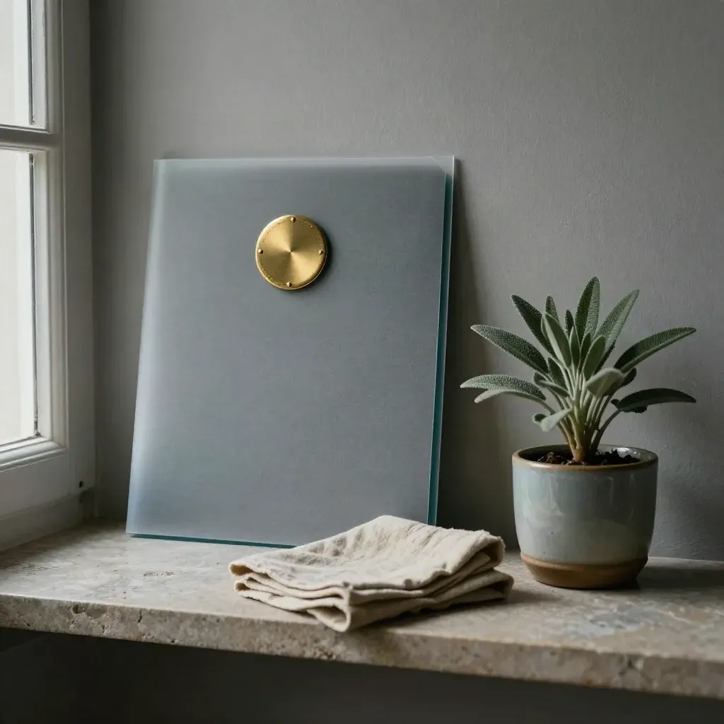 Frosted folder sleeve with brass seal beside cloth and potted plant on stone shelf