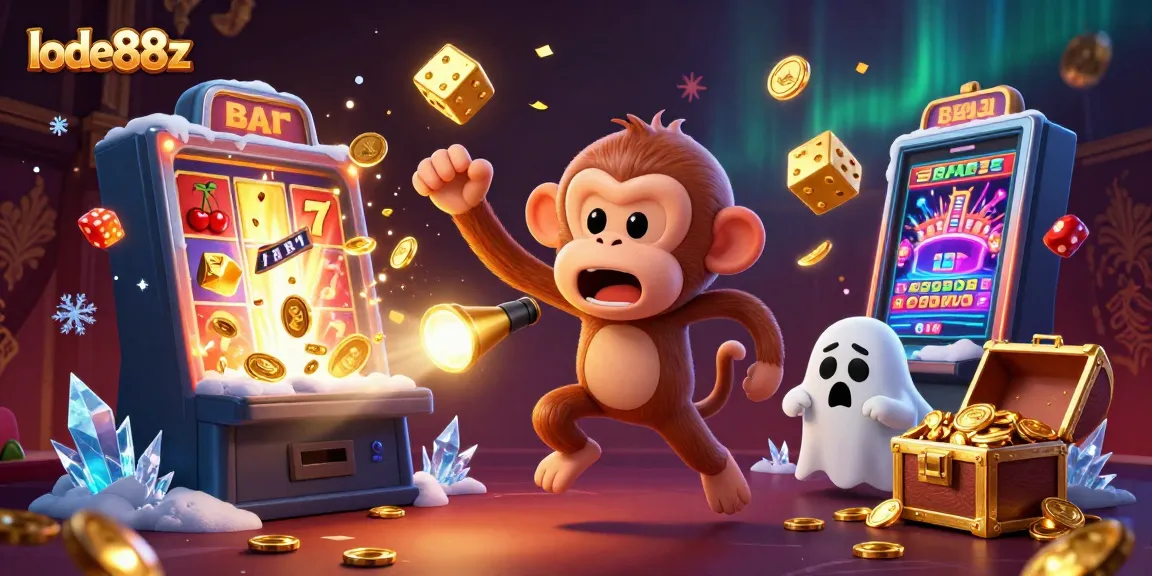 lode88z features a poltergeist monkey juggling gold in a haunted casino with a ghost-hunter puppy tracking