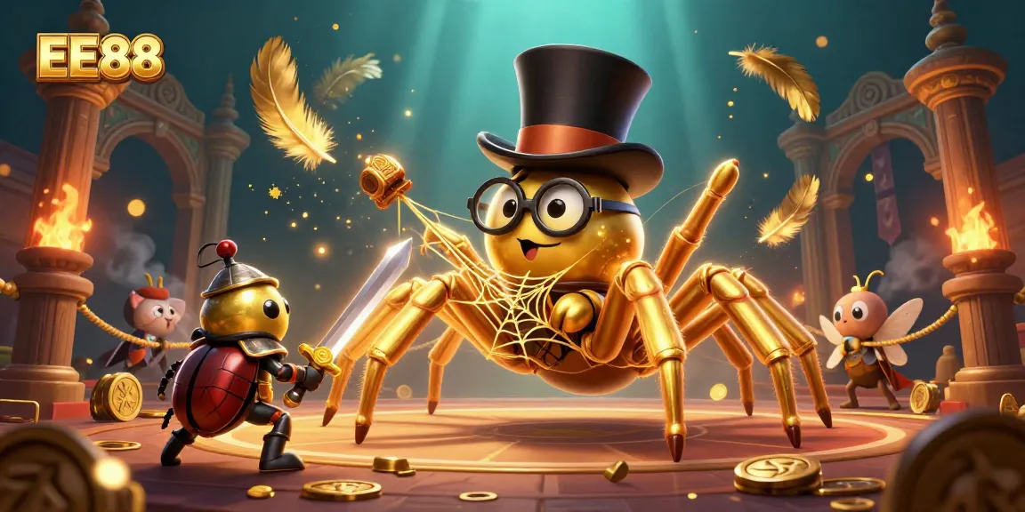 Watch the golden tarantula weave EE88's thrilling gambling adventure amidst a vibrant casino scene.