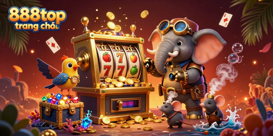 Engage with the exciting world of 888top trang chủ featuring a colorful steampunk slot machine scene with vibrant casino elements.