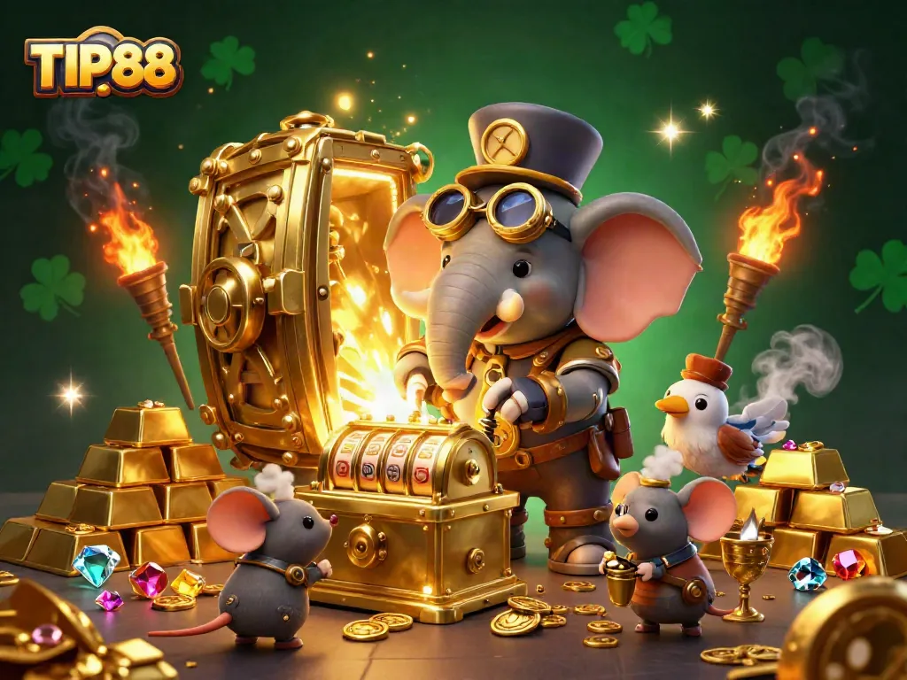 Experience the excitement of TIP88 casino games with unique steampunk characters and vibrant gold treasures.