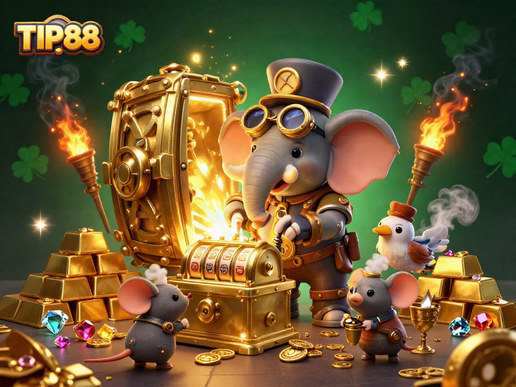 Experience the excitement of TIP88 casino games with unique steampunk characters and vibrant gold treasures.