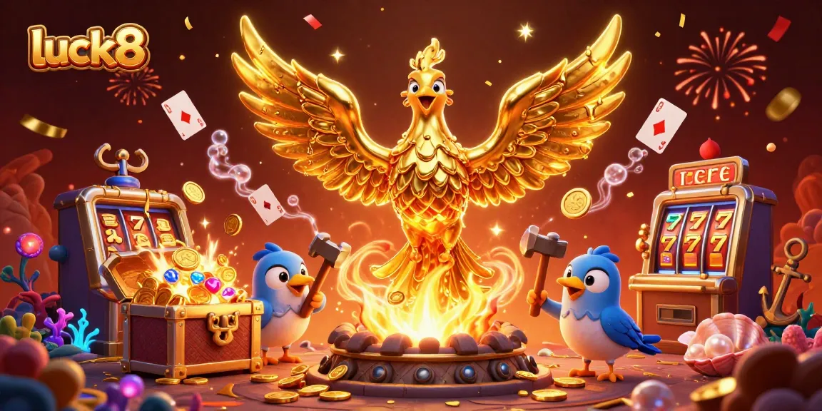 Experience the thrill of luck8 gaming with golden phoenix and vibrant casino elements in this engaging illustration.