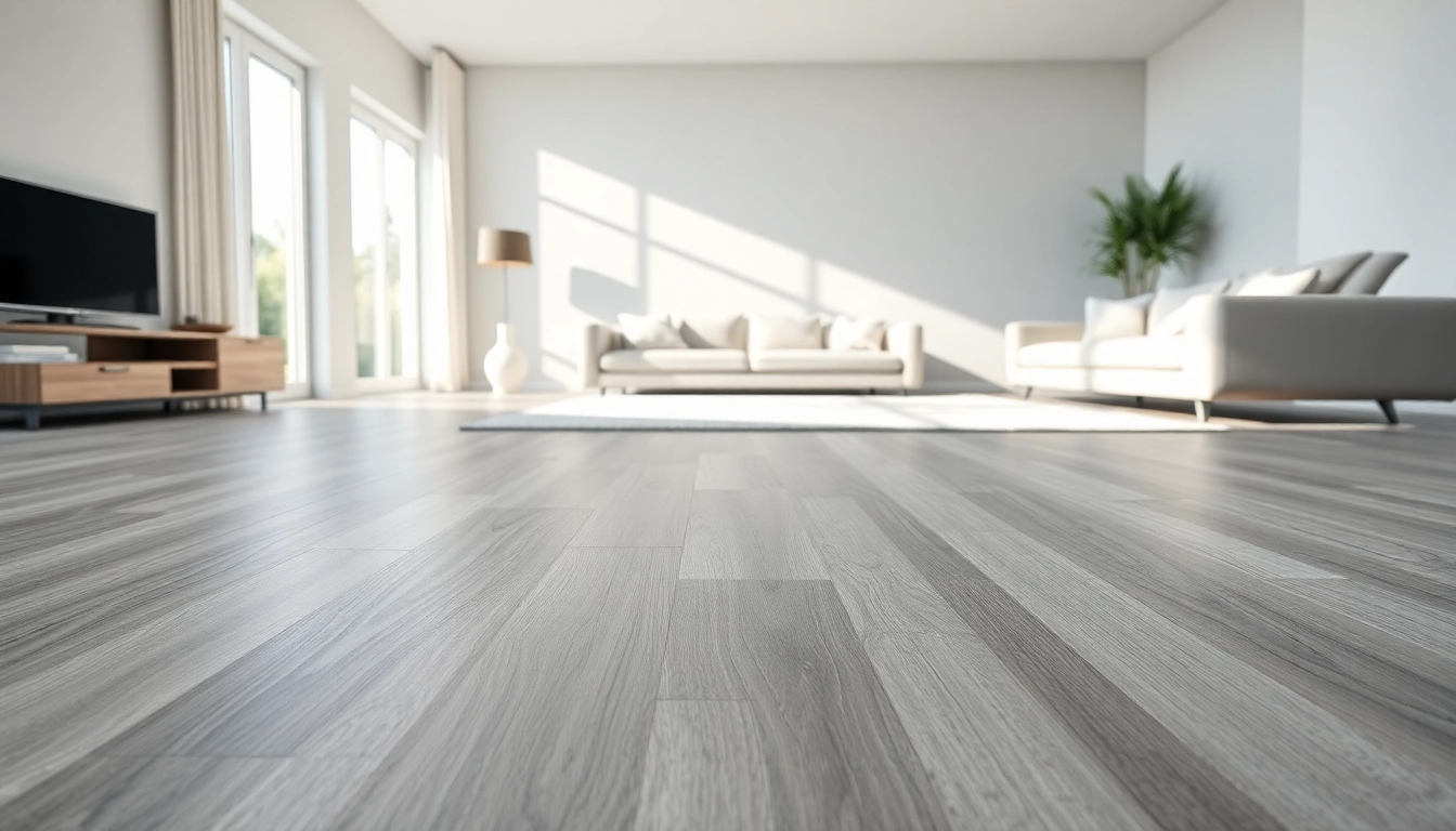 Stylish living space with grey vinyl flooring, highlighting elegance and modern design.