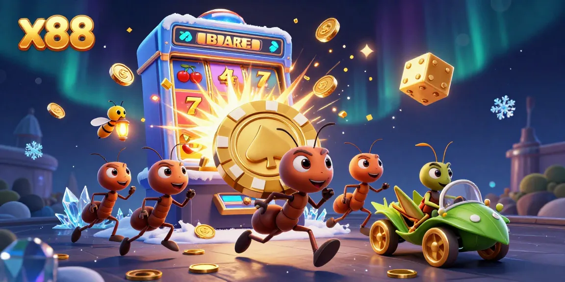 Experience thrilling gameplay at x88 with cartoon ants heisting a giant poker chip in vibrant casino imagery.