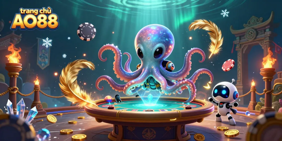 Engage in thrilling poker games at trang chủ AO88 with its interactive 3D illustration showcasing exciting gameplay elements.