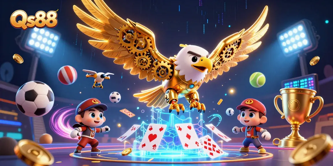 Experience thrilling gameplay with Qs88 as a golden eagle dives through holographic cards.