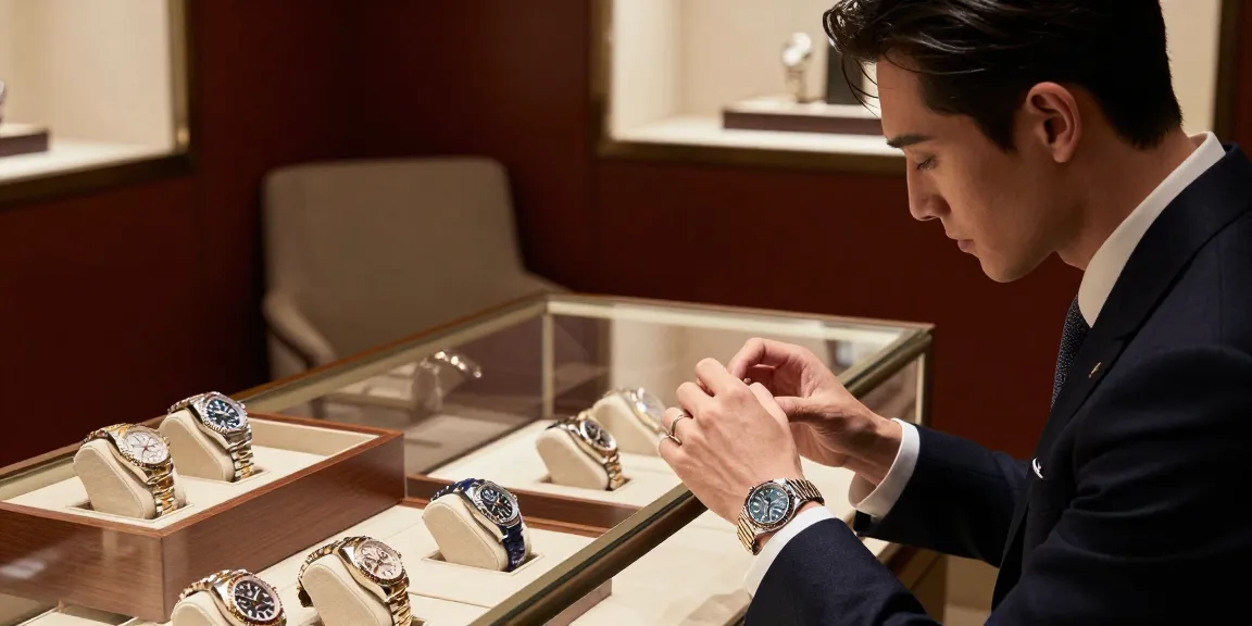 Admiring Rolex super clone watches in a luxury boutique setting.