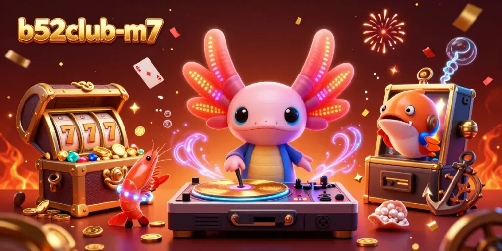 Experience vibrant casino excitement with b52club-m7 featuring a cartoon axolotl DJ and gleaming slot machine elements.