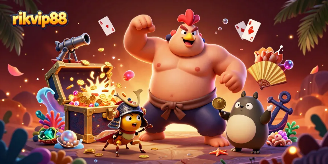 Experience the thrill of rikvip88 with a sumo rooster and samurai cricket in vibrant casino adventure.