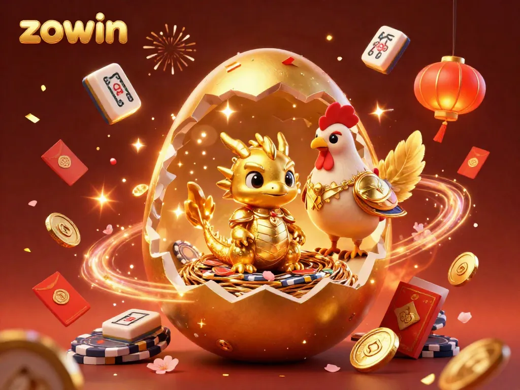Zowin's dynamic gaming scene showcases a golden egg revealing a gold dragon amidst poker chips and festive elements.