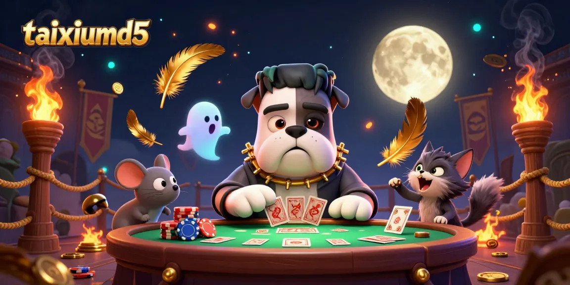 Engage in taixiumd5 with a lively 3D illustration of a bulldog dealer and mystical game elements.