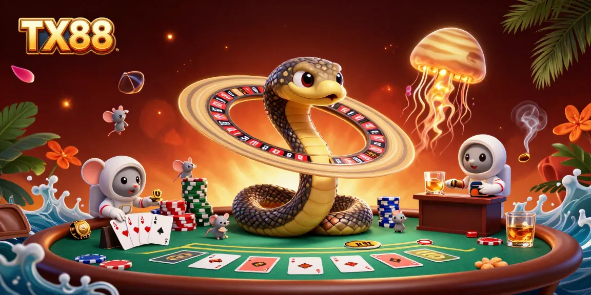 TX88 players enjoying dynamic betting scene with 3D snake and cosmic dealer in casino