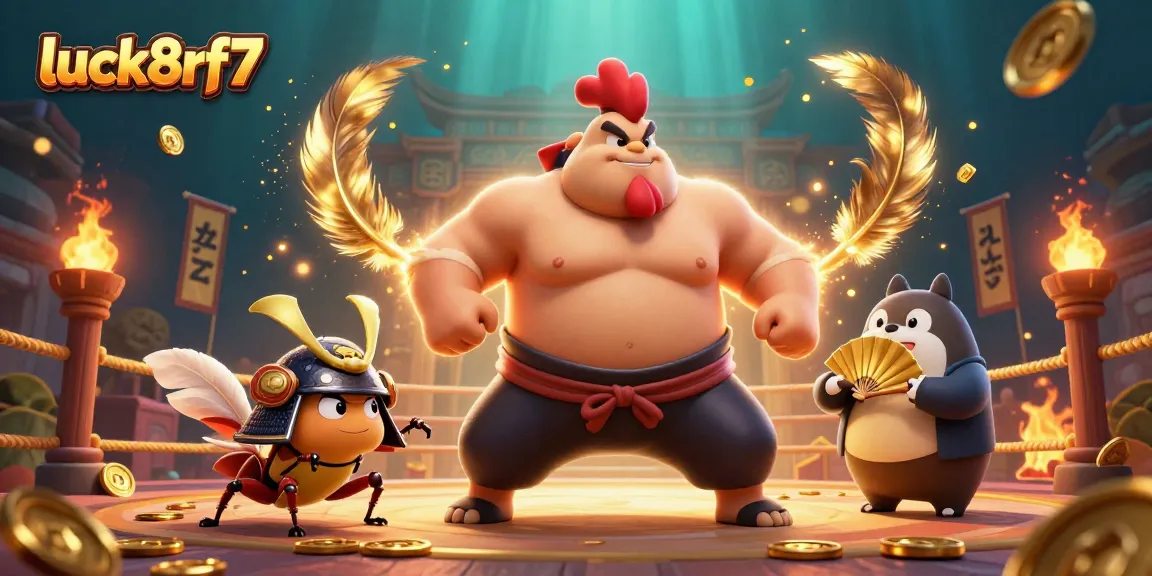 Experience luck8rf7 action with a dynamic casino scene featuring a rooster sumo wrestler and samurai cricket.