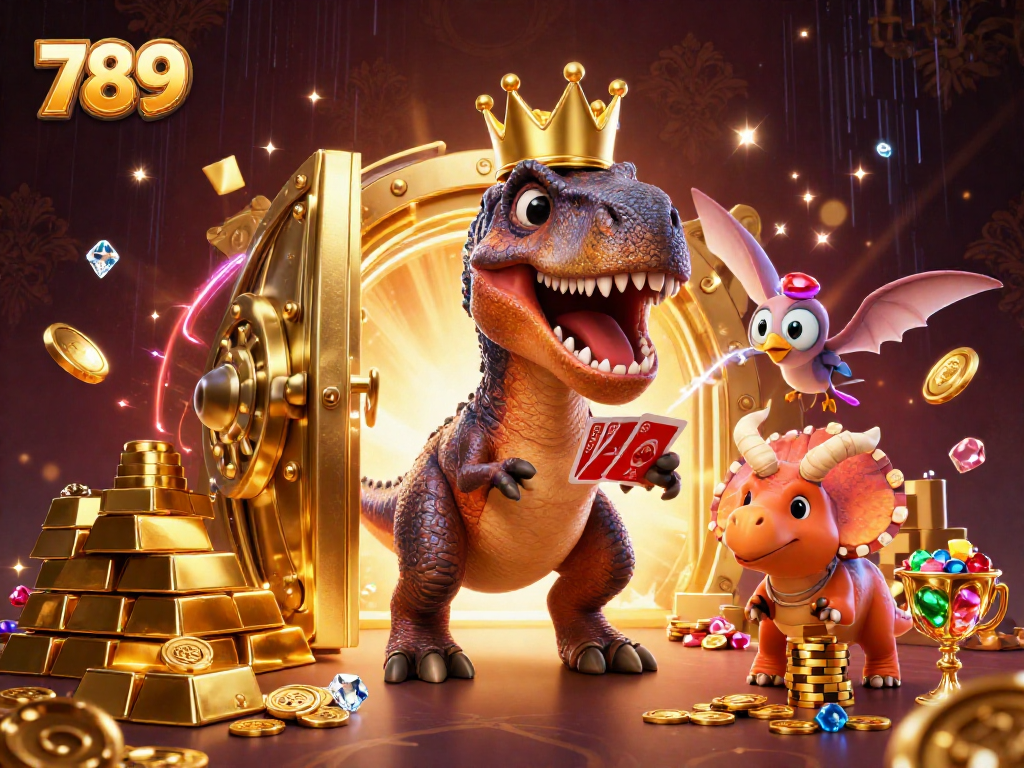Engage with the thrilling action of 789 as T-Rex prepares for a card game amidst golden treasures.