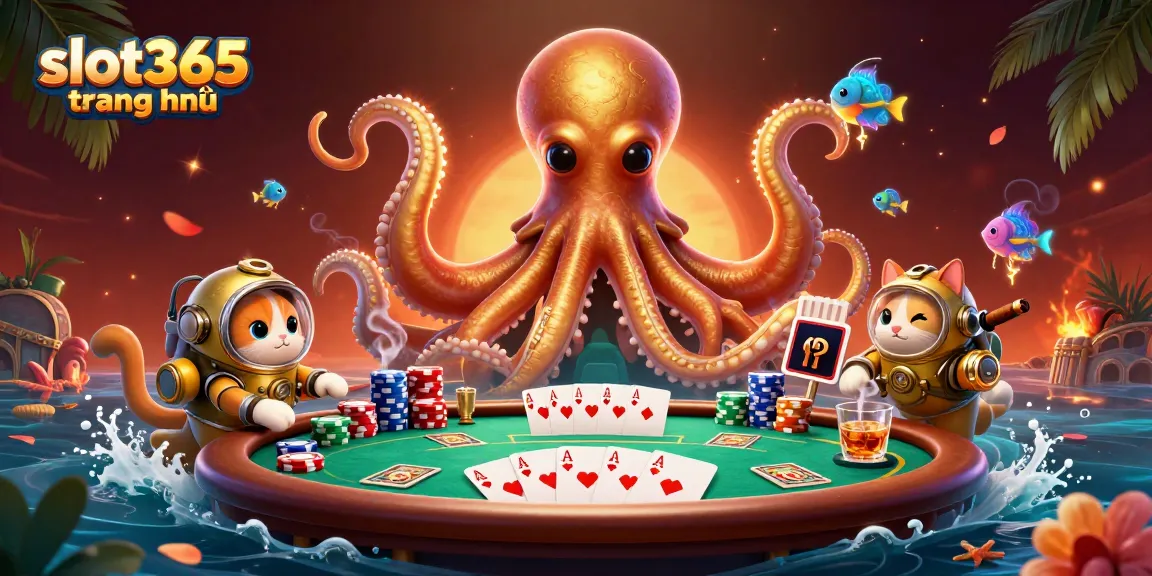 Playing at slot365 trang chủ, a kraken and a diving cat engage in a lively poker game.
