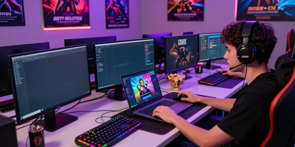 Engaging gamer using the GO88 app on a sleek modern desk with gaming graphics.