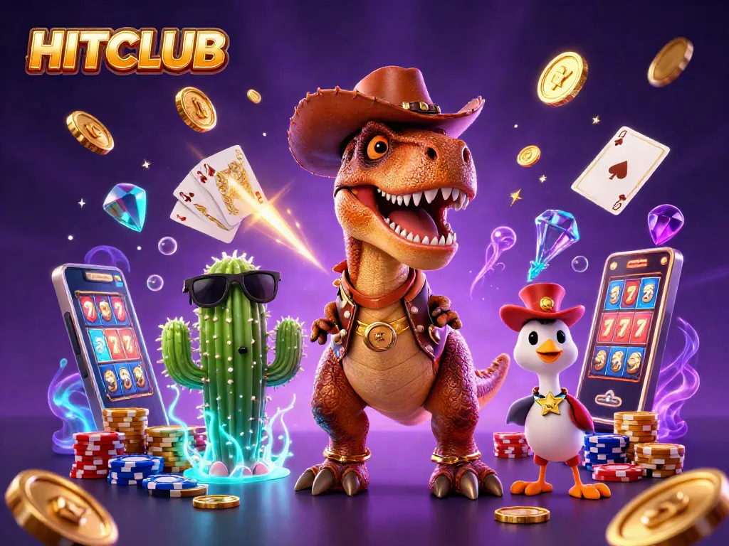Experience HITCLUB's thrilling gaming atmosphere with unique characters and vibrant casino elements.