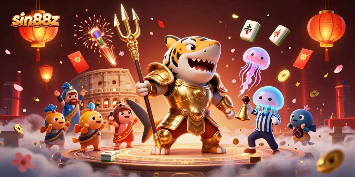 Engage in thrilling sin88z adventures amidst a vibrant underwater scene featuring a shark in gladiator armor.