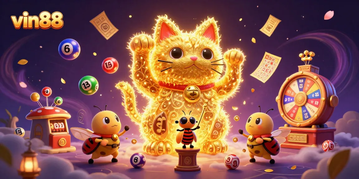 Experience the thrill of vin88's online casino with a vibrant lucky cat and colorful lottery elements!