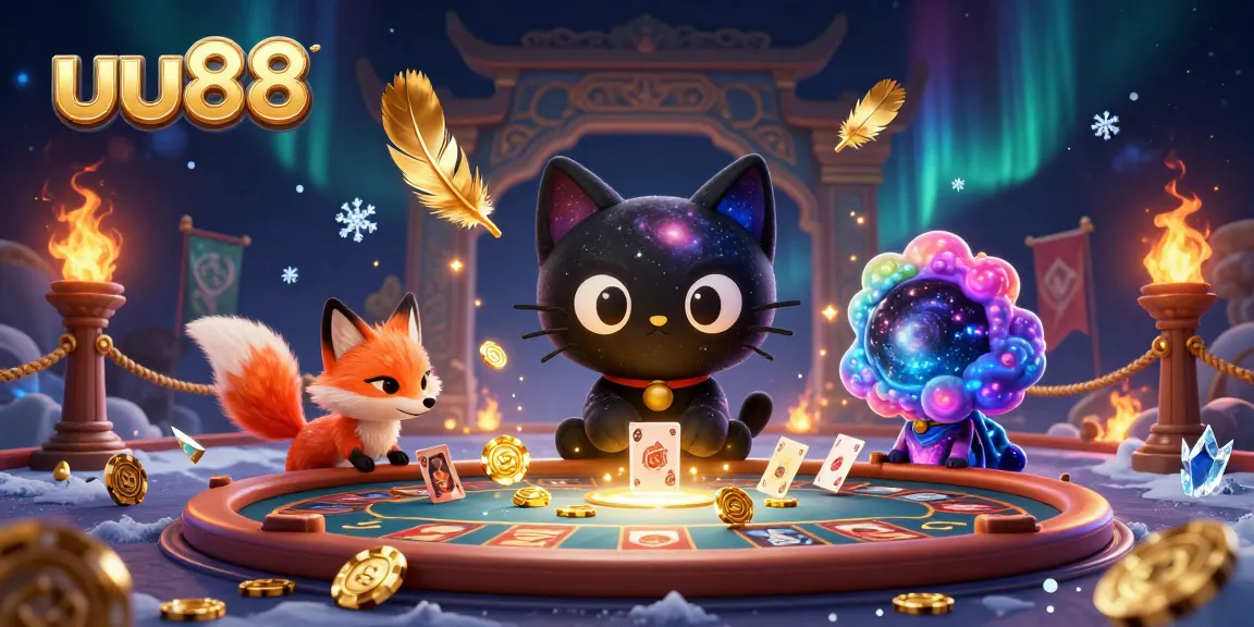 uu88 cosmic casino scene featuring a black hole cat and nebula fox pulling in bets.