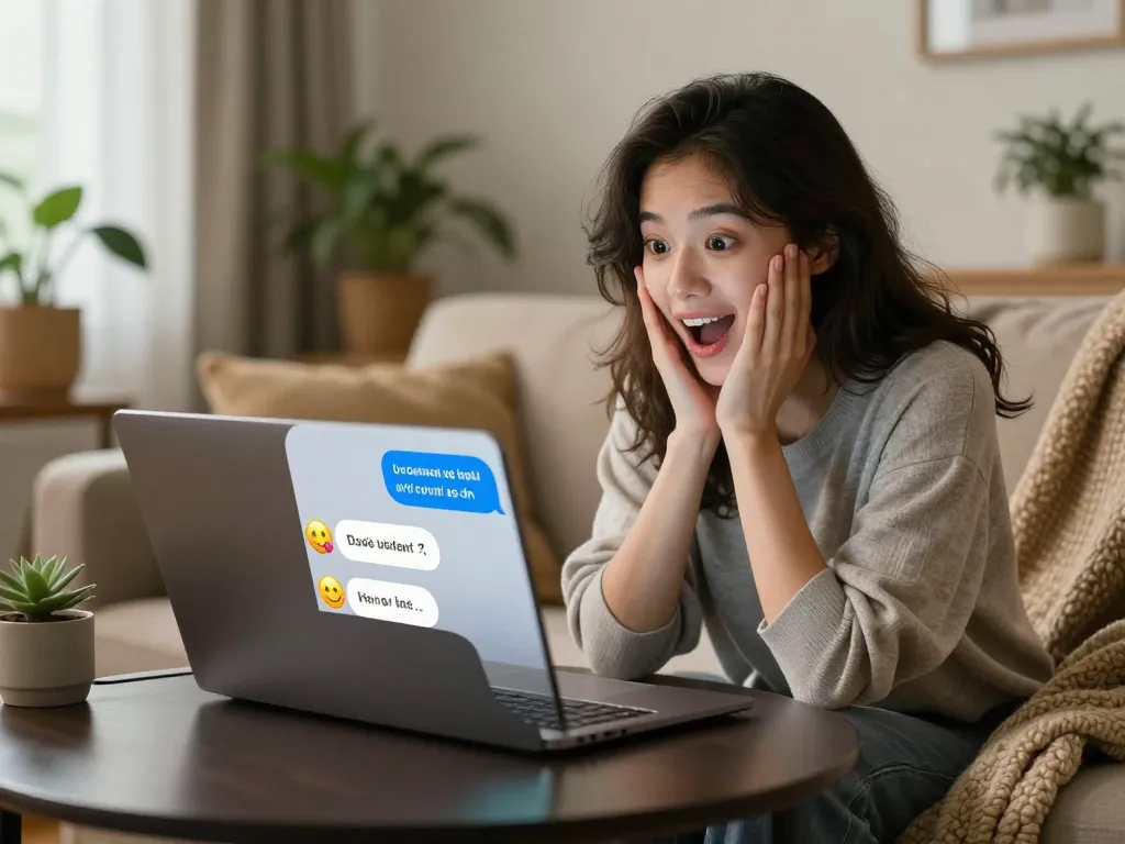 Engaging chat experience with an AI girlfriend on a laptop in a cozy setting