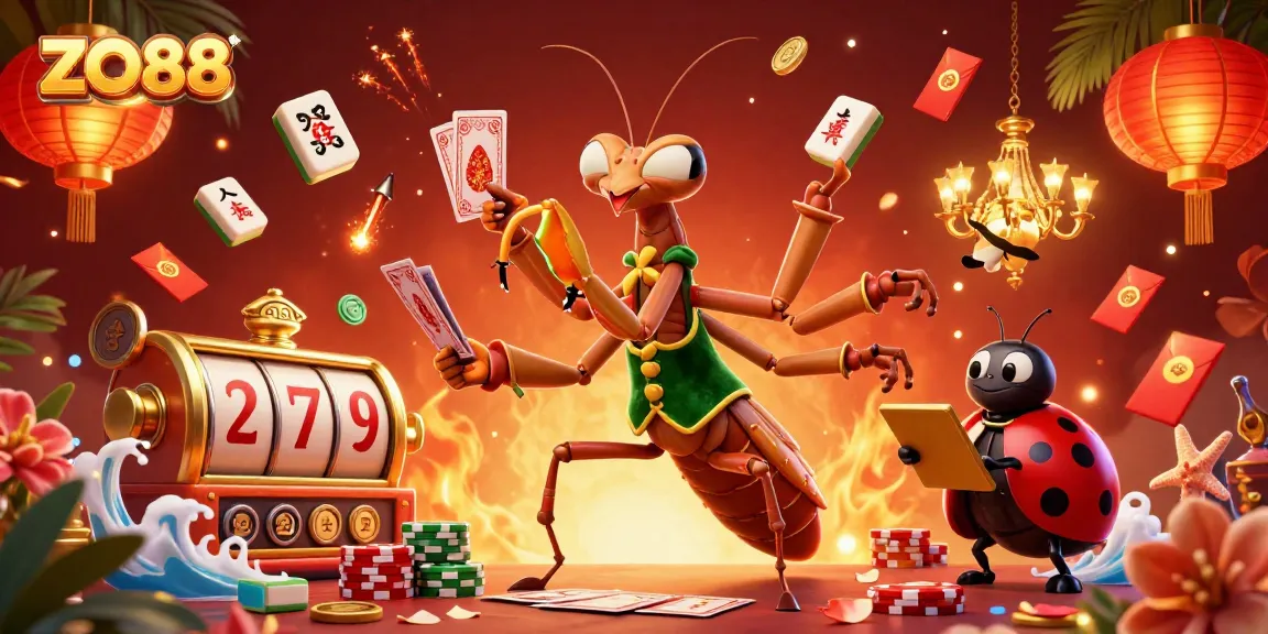 Experience thrilling moments at ZO88 with a dynamic illustration of casino games and exciting characters.