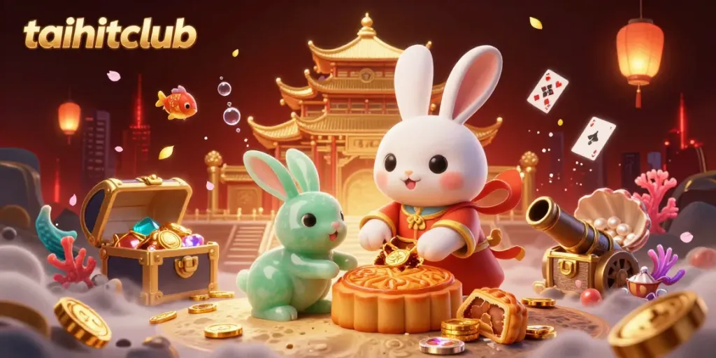 Experience the vibrant world of taihitclub with a lively 3D scene featuring unique casino elements, stacks of poker chips, and dynamic characters.