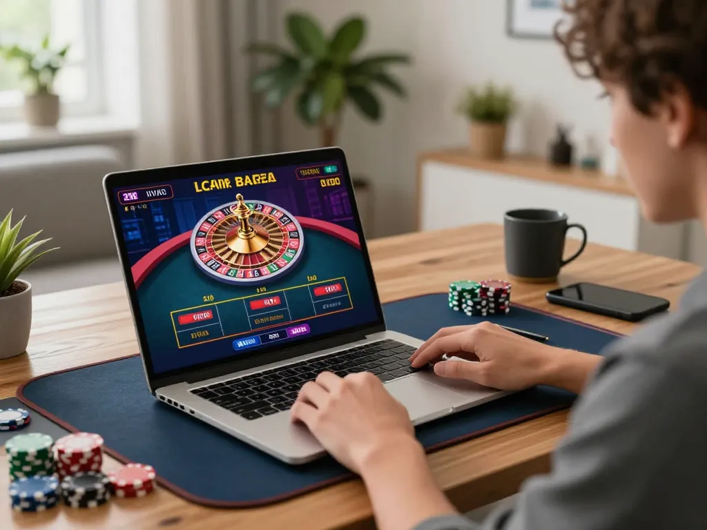 Player enjoying live dealer games on win678 at stylish home gaming setup, capturing immersive casino experience.