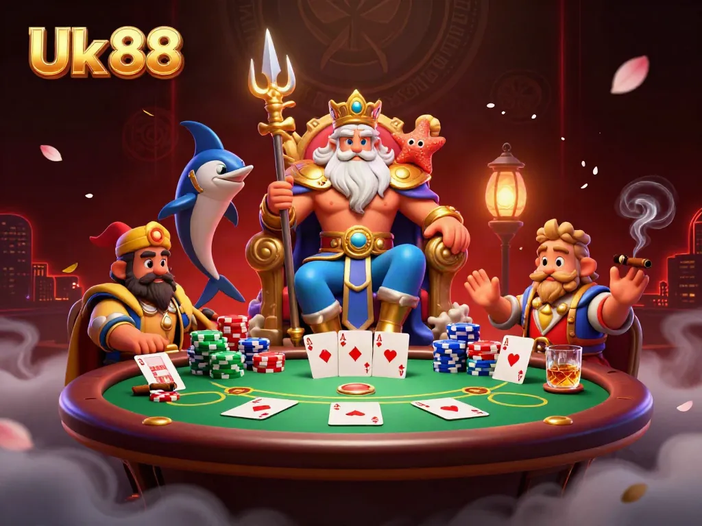Play exciting poker and experience the thrill of Uk 88 with Neptune and his guard in a vibrant scene.