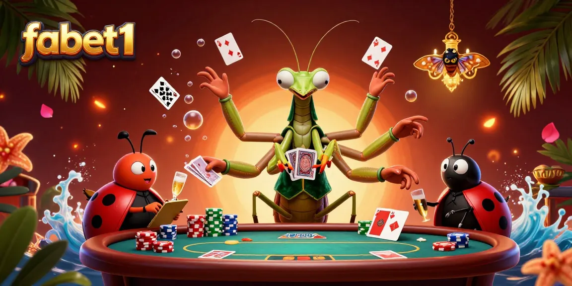 Bet on fabet1 with a lively cartoon scene featuring a giant praying mantis and casino games.