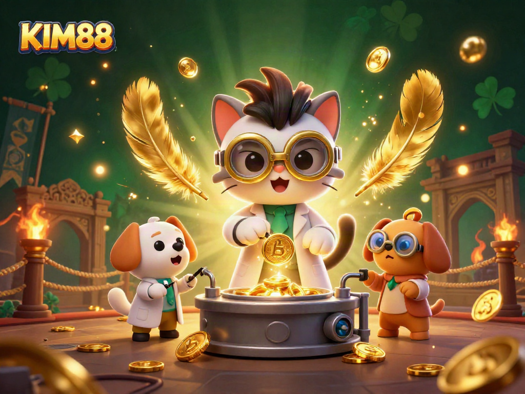 KIM88 offers exciting casino gameplay with golden coins and dynamic characters in a vibrant 3D scene.