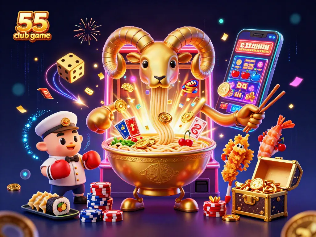 Experience the thrill of the 55 club game with vibrant characters, dynamic slots, and energetic action in this 3D illustration.