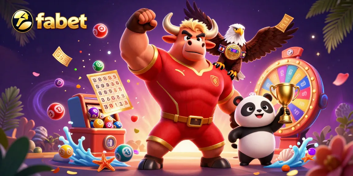 Engage with fabet’s vibrant casino scene featuring a bull mascot, eagle, and panda amidst dynamic gaming elements.