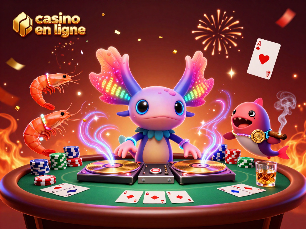 Jouer au casino en ligne avec une ambiance festive, DJ axolotl et éléments de poker colorés