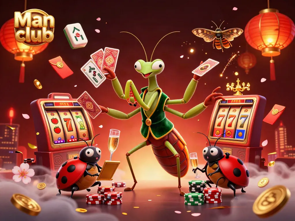 Witness thrilling gameplay at Man club featuring a giant praying mantis dealer amidst a rich casino atmosphere.